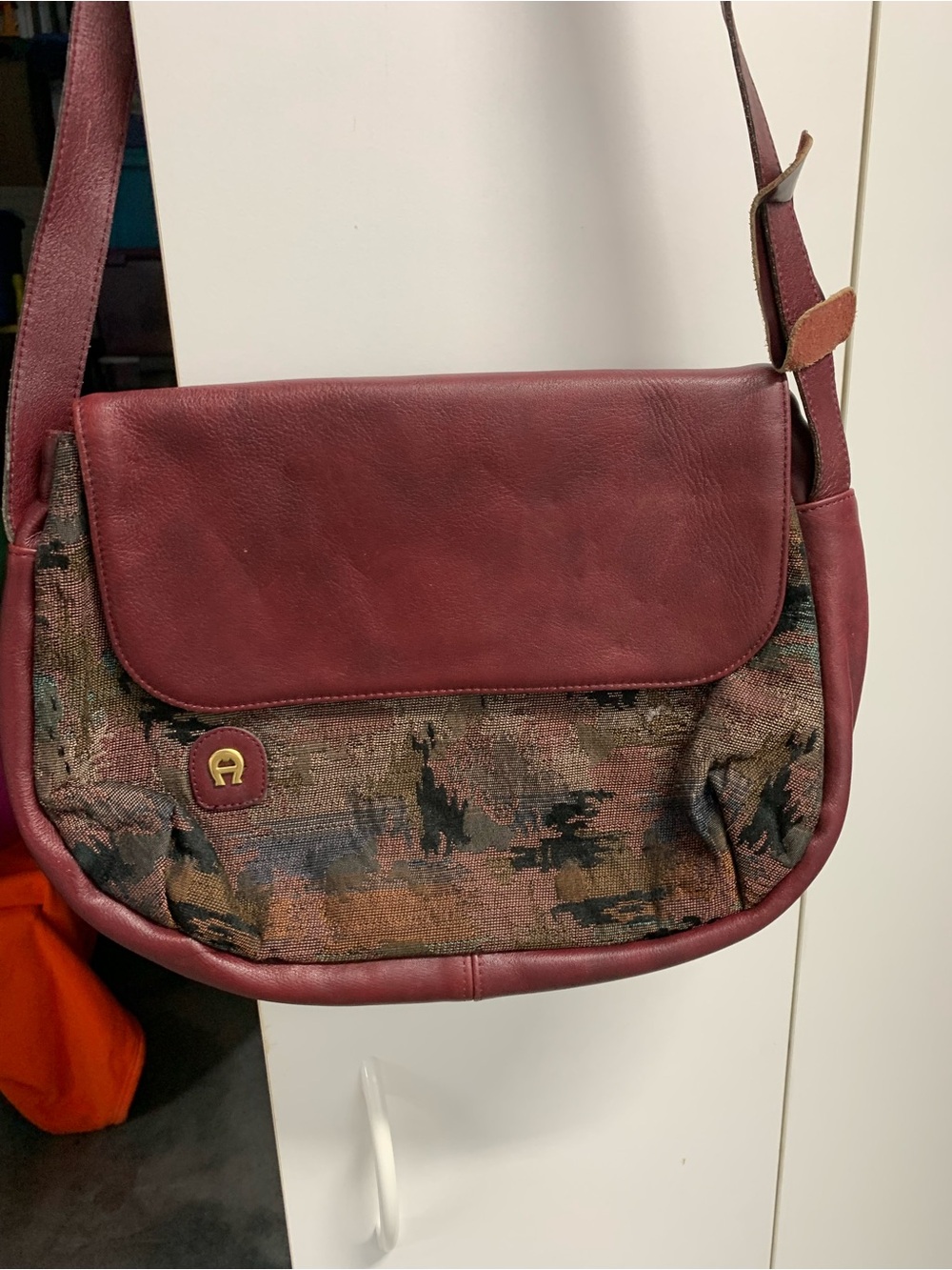 Burgundy Leather & Tapestry Shoulder Bag